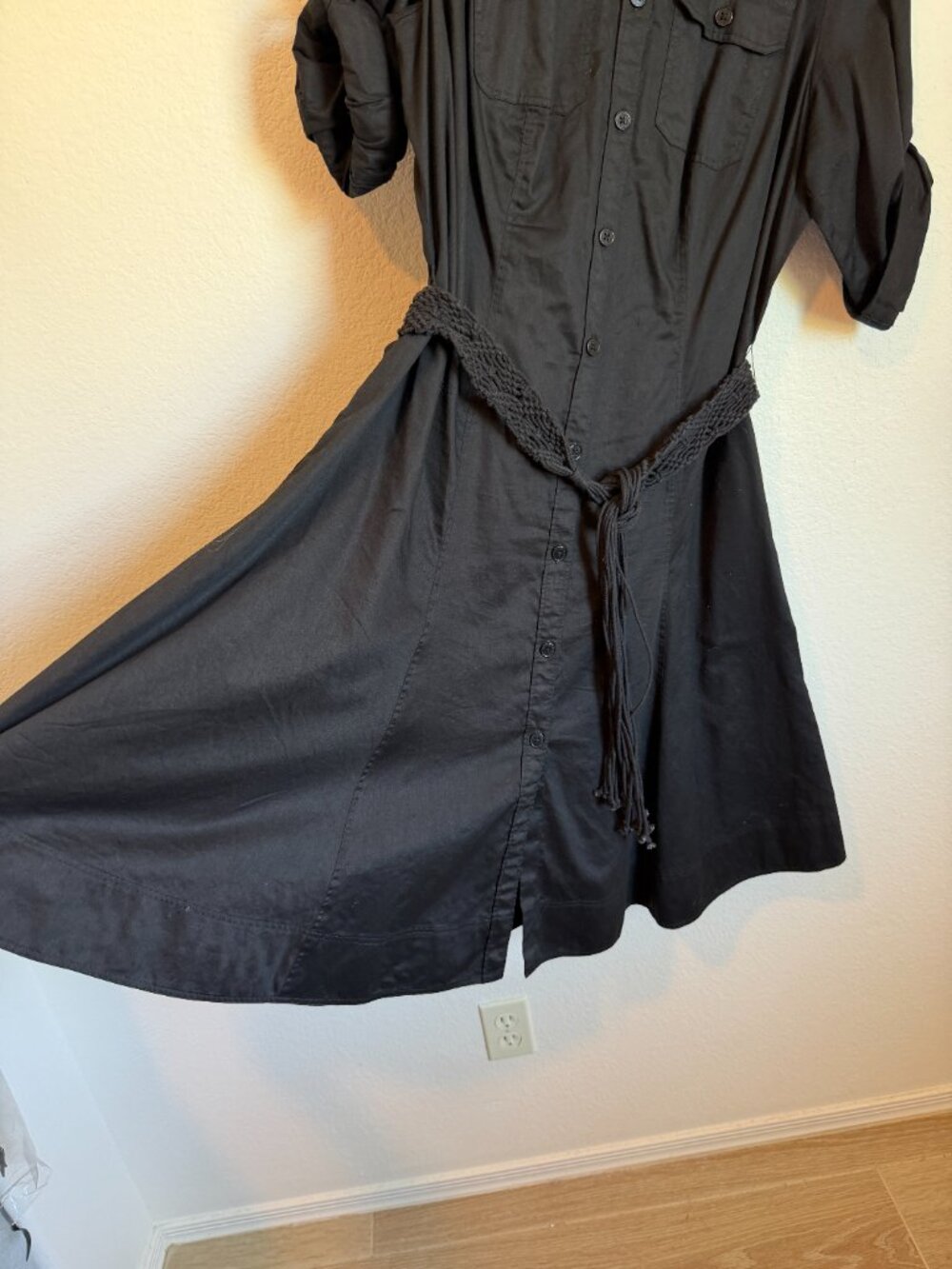 Lauren Ralph Lauren Black Cotton Shirt Dress 16W Utility Safari Midi Roll Tab Sl - Picture 3 of 7